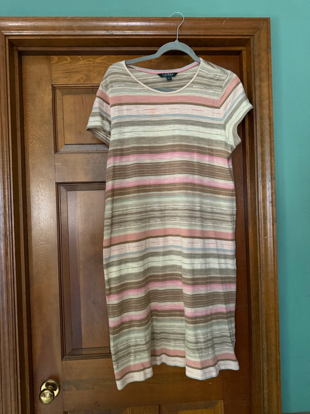 Lauren Ralph Lauren Striped Short-Sleeve Midi Dress in Pink, Cream and Brown